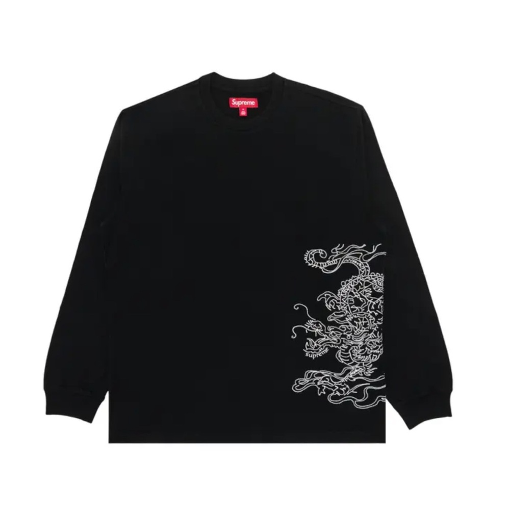 Supreme Black Long Sleeve Embroidered Dragon Tee